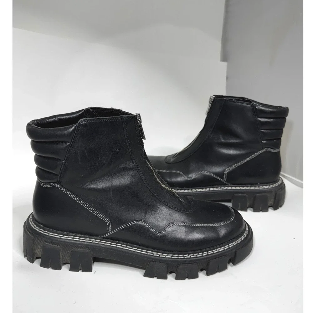 Marc Fisher LTD Mens Black Leather Front Zip Lug Sole Combat Boots Size 9.5M‎